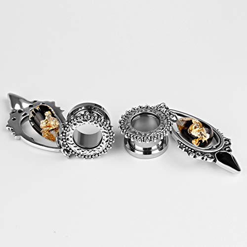 TBOSEN Stainless Steel Teardrop Black Obsidian Stone Large Dangle Bridal Plug Ear Gauges Stretching Tapers Screw Fit Tunnels