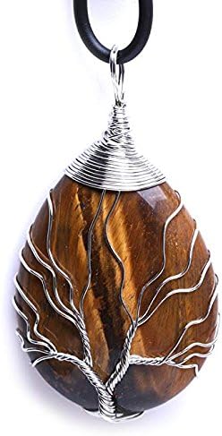 Wire Wrapped Tree of Life Natural Green Turiquoise Gemstone Teardrop Pendant Necklace Healing Crystal Chakra Stone Women Jewelry (Tiger Eye)