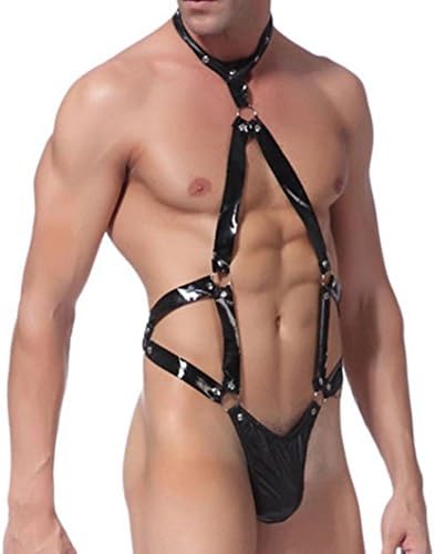 Zomup Men's Spice G-String Underwear Leather Thong Racy Jockstrap Jumpsuit Bar Bandage Clubwear Temptation Panties (Black)