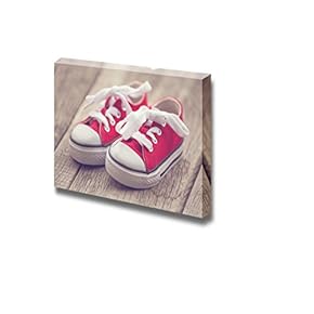 Canvas Prints Wall Art - Red Baby Sneakers on Wooden Background. Vintage Style Image - 12" x 18"