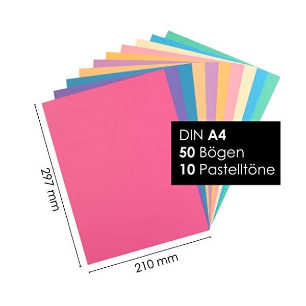 OfficeTree 50x Tonkarton Pastell A4 300g - Tonpapier Pastellfarben - 10 Farben - Tonpapier A4 - Fotokarton zum Basteln und Gestalten - Bastelpapier Pastellfarben - Pastell papier – Bild 4