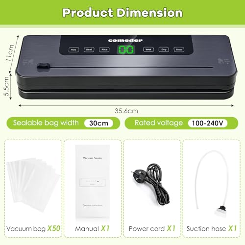comeder 6 in 1 Vacuum Sealer Machine, 30cm Longer Seal Food Sealer with 50Pcs Vacuum Sealer Bags for Vac/Seal/Rice/Wet/Dry Mode, Built-in Cutter and Visible LED Digital Countdown Display, UK Plug