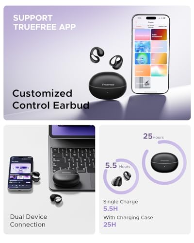 truefree B1 Open Ear Bluetooth Headphones Clip On Sport Wireless Bluetooth 5.4 Earphones Comfort, 3D Sound, Dynamic EQ App, Lightweight Stable, Only 5 g, Playtime 25 Hours (Black)