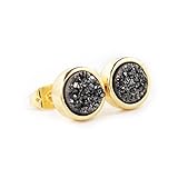 JAB 8mm Round Black Color Natural Agate Titanium Druzy Stud Earrings Gold Plated Druzy Jewelry