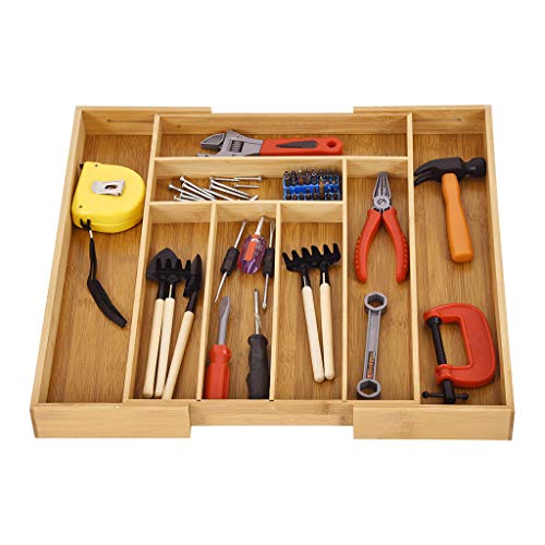 Bamboo Expandable Drawer Organizer, Premium Cutlery and Utensil Tray, 100% Pure Bamboo, Adjustable Kitchen Drawer Divider ... (8 Compartments Expandable)