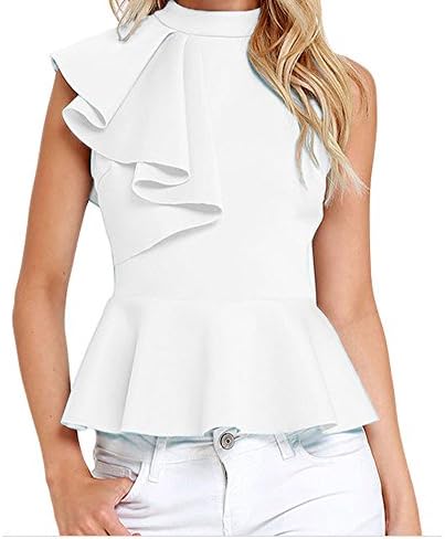 FQHOME Womens White Asymmetric Ruffle Side Peplum Top Size M