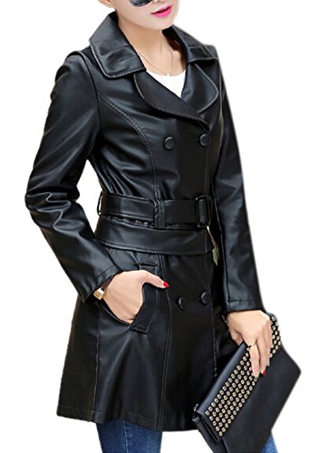 Women's Winter Faux Leather Long Lapel Double Breasted Motor Biker Jacket Black Women's Winter Faux Leather Long Lapel Double Breasted Motor Biker Jacket Black