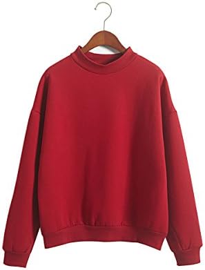 Women Ladies Solid Color Mock Neck Loose Sweatshirt Casual Long Sleeve Top Blouse Hoodie (Small,Wine Red)
