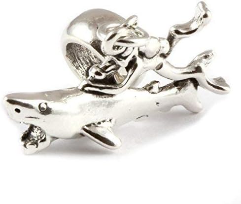 Sterling Silver Diver With Shark Dangle Bead/Charm To Fit European Style Charm Bracelets