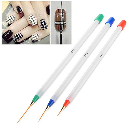 Zodaca 3Pcs-Set Nail Art Acrylic Design Drawing Pen Painting Polish Brush Detailing Tool Kit, White Handle - Thumbnail 2