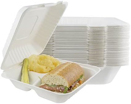 Houseables Take Out Food Containers, Takeout Clamshell Container, 100 Pack, White, 8x8 Inch, 3 Compartments,100% Disposable, Food Boxes to Go, Biodegradable Box, Restaurant Supplies, Microwavable