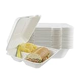 Houseables Take Out Food Containers, Takeout Clamshell Container, 100 Pack, White, 8x8 Inch, 3 Compartments,100% Disposable, Food Boxes to Go, Biodegradable Box, Restaurant Supplies, Microwavable