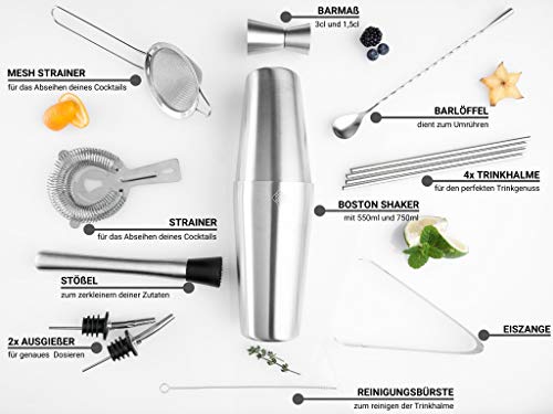 Benlhu Premium Cocktail Shaker Set - 15 Teiliges Cocktail Mixer Geschenk Set - Edelstahl Boston-Shaker 750ml… – Bild 5