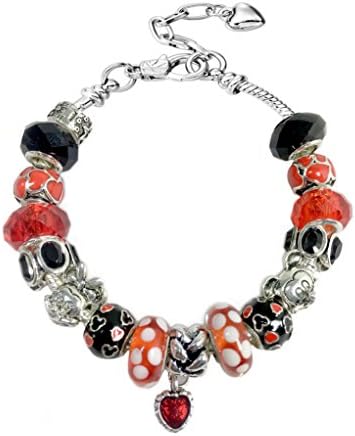 "Believe in Magic That Holds the Love and Heart Forever" Minnie Mickey Cartoon Mouse Red and Black Glass Bead Charm Silver-Tone Bracelet Fits Pandora