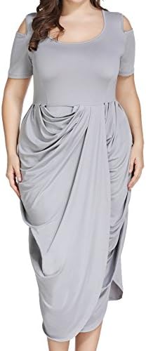 Plus Size Half Sleeve Asymmetrical Draped Ruched Midi Dress for Cocktail Formal Evening Gray 12 Plus