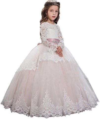 Angela Long Sleeve Lace Pageant Dresses For Flower Girls Ball Gown Long Kids Gown ANS095