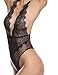 Women Sheer Lace Mesh Sexy Teddy Hight Cut Bodysuit Deep Plunge V Neck Lingerie(Black S)