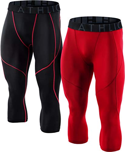ATHLIO Men's (Pack of 2) Compression 3/4 Capri Pants Baselayer Cool Dry Sports Running Tights, 2pack(bcp08) - Black Red/Red, X-Large