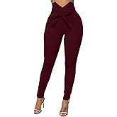 XXTAXN Women's Casual High Waist Stretch Trousers Solid Pencil Pants with Tie