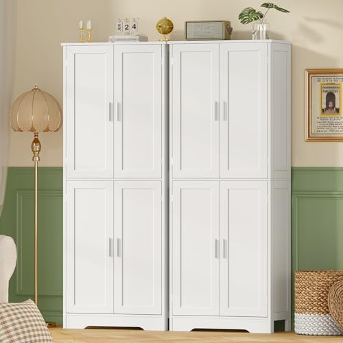 TEENFON 67" Storage Cabinet, Kitchen Pantry Cabinet with 4 Doors and 2 Adjustable Shelves, Tall Bathroom Cabinets, Cupboard, for Dining Room,White