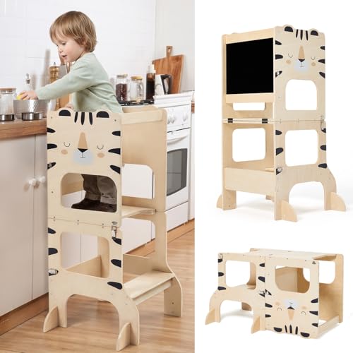 labebe Montessori Tower Children, Multifunctional Montessori Folding Wooden Tower 3 in 1 Learning Tower for Children with Tigers Chalkboard