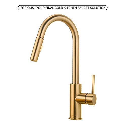 Gold Kitchen Faucet with Pull Down Sprayer, Kitchen Faucet Sink Faucet with Pull Out Sprayer, Single Hole and 3 Hole Deck Mount, Single Handle Copper Kitchen Faucets, Champagne Bronze, FORIOUS