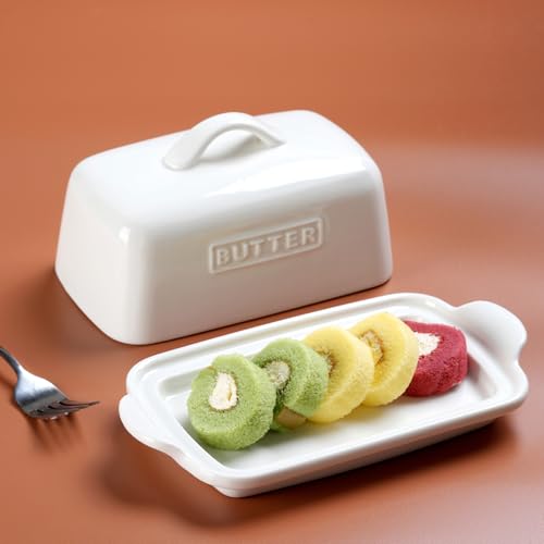 JSHKY Large Butter Dish with Lid Fits 500g or 250g Butter Block, White | Porcelain Butter Container for Countertop, Butter Storage, Gift for Mother’s Day, Thanksgiving or Christmas
