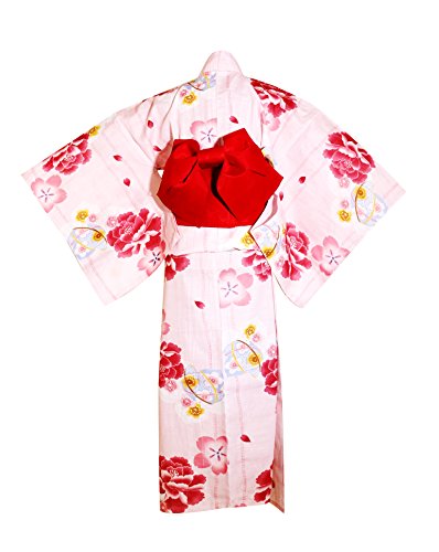 myKimono Women's Traditional Japanese Kimono Robe Yukata with Pre-tied Obi Belt & Koshi-himo thin belt (pink & red)