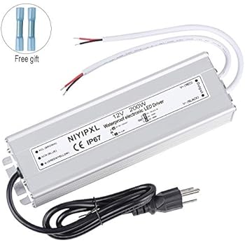 LED Driver 200 Watts Waterproof IP67 Power Supply Transformer Adapter 90V-130V AC to 12V DC Low Voltage Output with 3-Prong Plug 3.3 Feet Cable for LED Light, Computer Project, Outdoor Light
