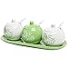 MyGift 7-oz Spice Jar Bowls, Ceramic Green & White Floral Botanical Motif Condiment Container Pots, Sauce Servers with Serving Spoons, Lids and Tray, Set of 3