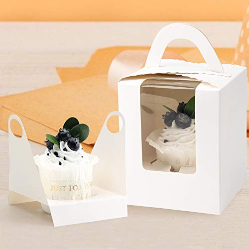 White Cupcake Boxes,50pcs Single Cupcake Carrier with Window Insert and Handle Kraft Pastry Containers Muffins Cupcake Carriers for Bakery Wrapping Party Favor Packing