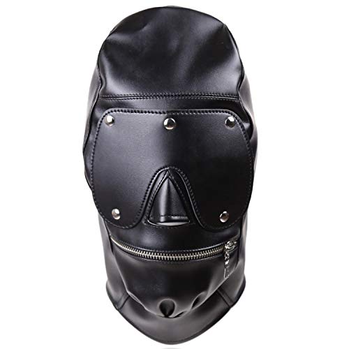 Leather Bondage Gimp Mask Hood, Black Full Face Blindfold Breathable Restraint Head Hood, Sex Toys, for Unisex Adults Couples, BDSM/LGBT Cosplay Halloween Masquerade Mask