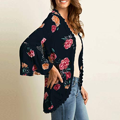 iYBUIA Womens Casual Solid Lace Three Quarter Flare Sleeve Chiffon Cardigan Loose Kimono Blouse Tops - Thumbnail 3