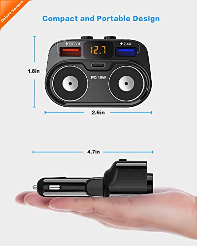 SUPERONE 200W 2-Socket Cigarette Lighter Splitter Power Adapter, USB C Car Charger with 18W Power Delivery 3.0 & Quick Charge 3.0 for iPhone 11/11 Pro/X/8, MacBook, Samsung, Google Pixel and More