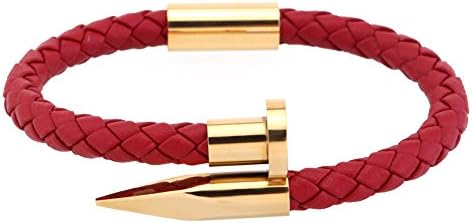LOLOJ Braided Red Leather Bracelet Stainless Steel Nail Charm Love Cuff Wristband Bangle 7.5"