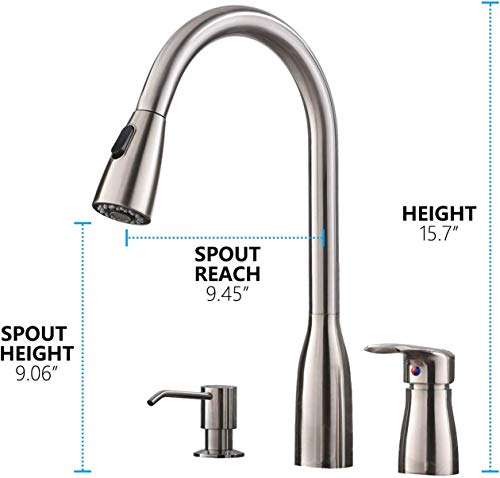 Hotis 3 Hole Pull Out Prep Sprayer Stainless Steel Single Handle Pull Down Kitchen Faucet,Sink Faucet Brushed Nickel Kitchen with Soap Dispenser - Thumbnail 5