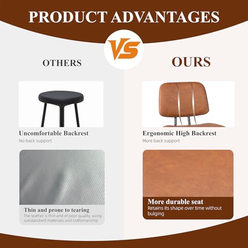 Nusetx 26 Inch Counter Height Bar Stools Set of 2, Modern Faux Leather Kitchen Island Chairs with Back and Metal Leg, Upholstered BarStools, Brown