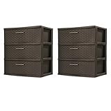 Sterilite 25306P01 3-Drawer Wide Weave Tower, Espresso Frame & Drawers w/ Driftwood Handles, 2-Pack