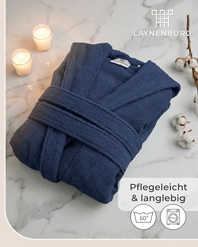 LAYNENBURG Men's Terry Towelling Bathrobe Made of 100% Cotton – Oeko-Tex Standard – Soft Dressing Gown Calf Length with Hood, Tie Belt and Patch Pockets – Ideal for Sauna and Home (M-XXXL)