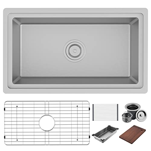 32 Inch Undermount Kitchen Sink - 304 SUS Stainless Steel Sink 16 Gauge Single Bowl Sink Drop In Workstation With Accessories Farmhouse Sink Under Counter or Top Counter (32 Inch)