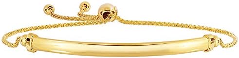 MCS Jewelry14 Karat Yellow Gold Diamond-Cut Wheat Bolo Bracelet with Curved Shiny Bar (Adjustable Length: 9 1/4")