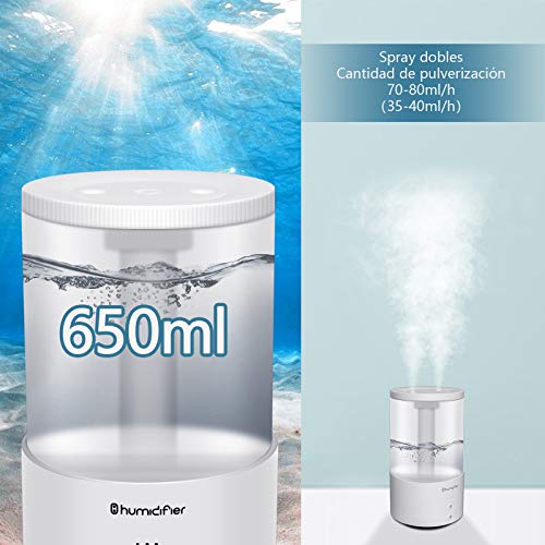 aifulo Humidificadores Spray de Doble Salida 650 ml,4 Modos Spray Ajustable Humidificador Ultrasónico Silencioso,Humidificadores Bebés de 7-Color LED con Modo de Reposo Ajustable