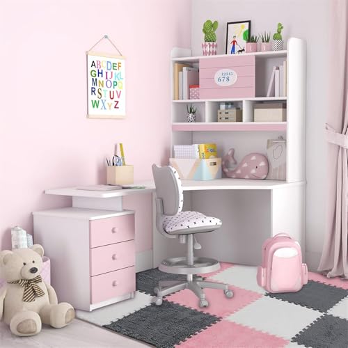 AM ANNA 12 Pcs Plush Interlocking Carpet Tiles，Soft Non-Toxic Foam Carpet Tiles for Toddler Baby，Machine-Washable，Anti-Slip，EVA Foam Interlocking Tiles for Floor, Nursery (Pink Grey White, 12 Pcs)