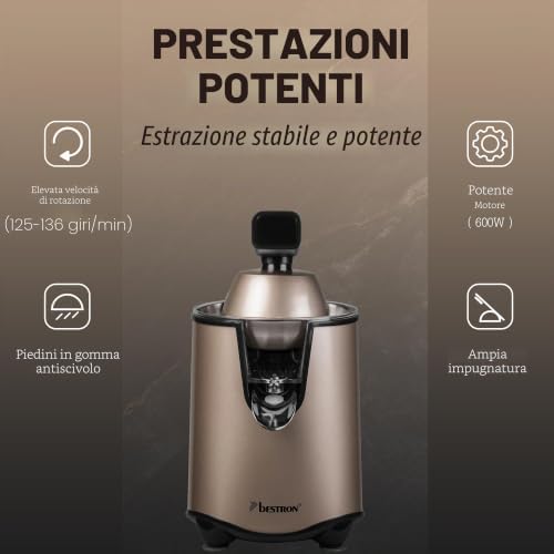 Spremiagrumi elettrico, spremiagrumi con funzione di arresto e filtro polpa in acciaio inox, con 2 coni, capacità 450 ml, leva soft pressa per un facile utilizzo, colore: beige