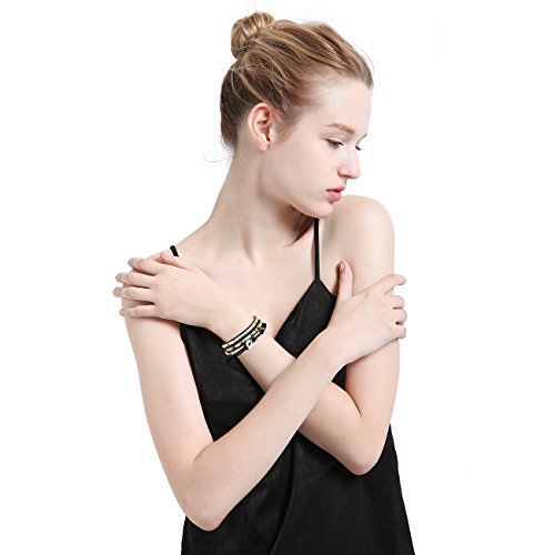 MOWOM Multicolor Alloy Genuine Leather Bracelet Bangle Cuff Rope Simulated Amazonite Stone Bead 3 Wrap Adjustable