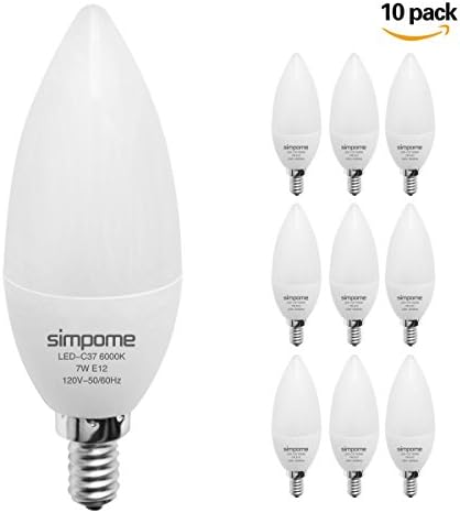 Simpome LED Candelabra Bulbs 7W E12 C37 (10 Pack), LED Candle Bulb 70Watt Replacement, Chandelier Light Bulbs Daylight White(5000K), LED Torpedo Bulb, Non-Dimmable,560 Lumens, 180 Degree Beam Angle