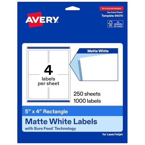 Avery Matte White Rectangle Labels, 5" x 4", Sure Feed Technology, Laser/Inkjet…