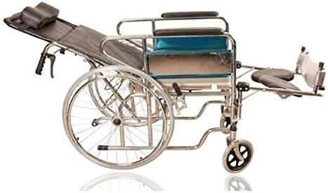 Karma Reclining Bed Type Commode Metal Wheel Chair (Chrome Polish)