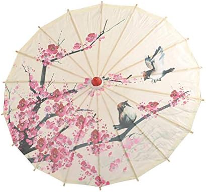 Vintage Chinese Parasol Flower Print Oil Paper Umbrella Wooden Handle Oriental Umbrella