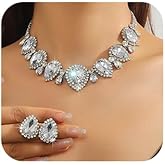Jnncocier Fashion Colorful Silver Bridal Teardrop Layered Crystal Necklace Earrings Set Sparkly Rhinestone Crystal Elegant Bridal Floral Teardrop Choker Earrings Set Christmas Halloween Full Rhinestone Choker Necklace for Women